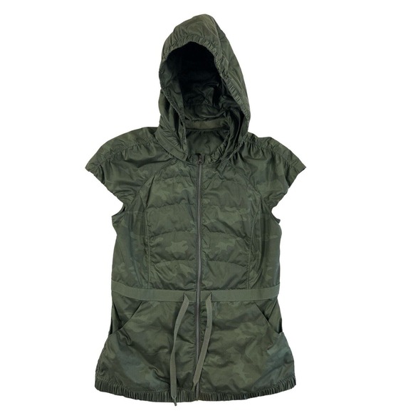 Lululemon Spring Puffy Lightweight 650 Down Vest W/ Hood Lotus Green Camo Size 6 - Picture 1 of 5